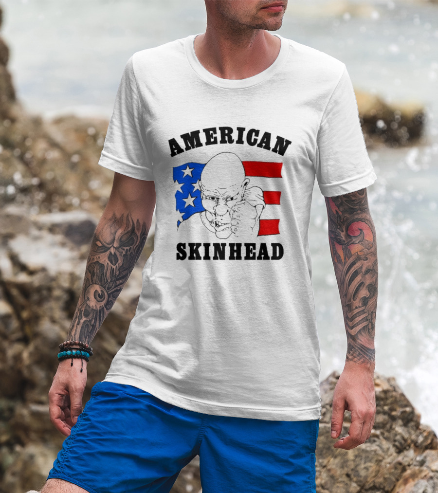 American Skinhead USA Bald Character With Flag Stars And Stripes T-Shirt