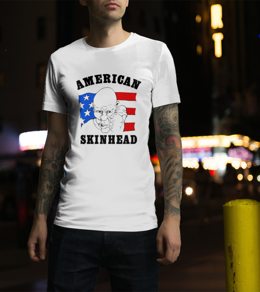 American Skinhead USA Bald Character With Flag Stars And Stripes T-Shirt
