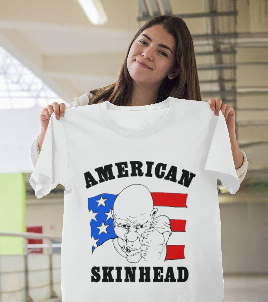 American Skinhead USA Bald Character With Flag Stars And Stripes T-Shirt