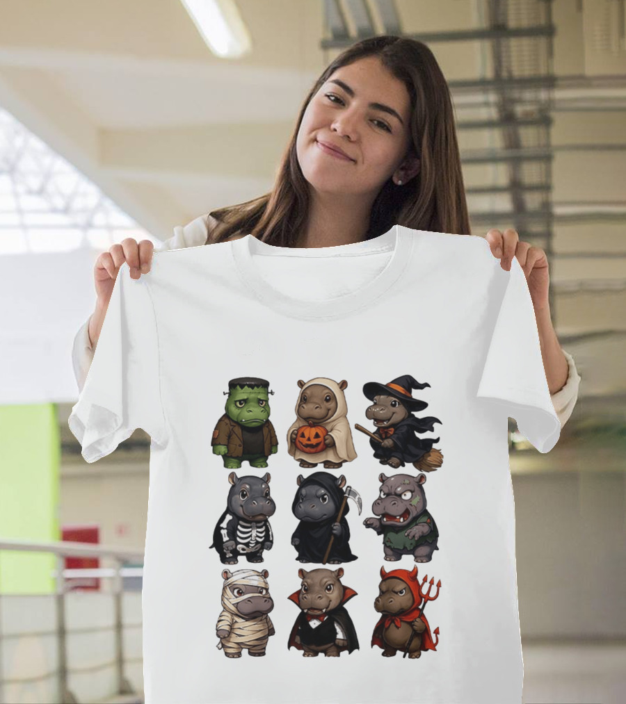 Baby Hippo Frankenstein Ghost Witch Skeleton Grim Reaper Zombie Mummy Dracula Devil Halloween 2025 T-Shirt