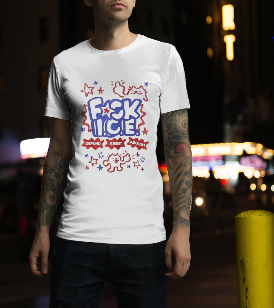 F*ck I.C.E. Defund Deport Abolish Cat Stars 1776 2026 American Flag T-Shirt