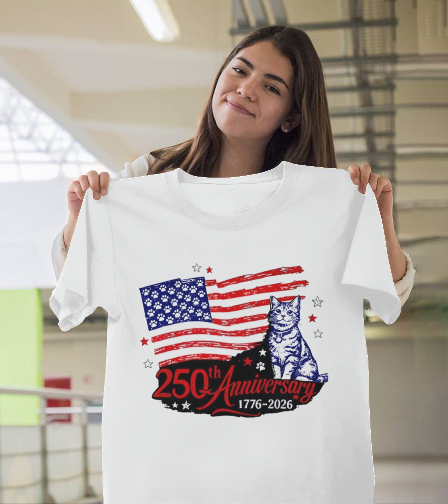 Abolish Ice Defund Resist Protest Cat With 250th Anniversary 1776 2026 USA Flag T-Shirt