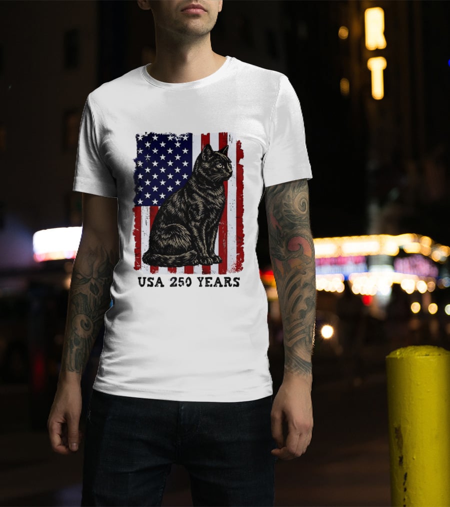 USA 250 Years Liberty Cat American Flag T-Shirt