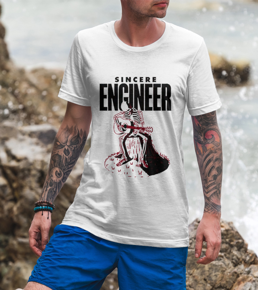 Sincere Engineer Skeleton Playing Guitar On Tree Stump T-Shirt
