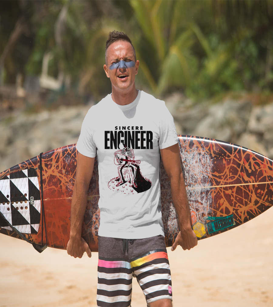 Sincere Engineer Skeleton Playing Guitar On Tree Stump T-Shirt