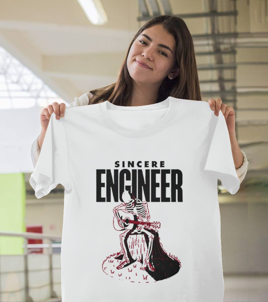 Sincere Engineer Skeleton Playing Guitar On Tree Stump T-Shirt