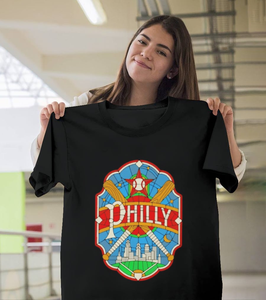 Philadelphia Phillies Stained Glass Philly Skyline Baseball Star Bats T-Shirt