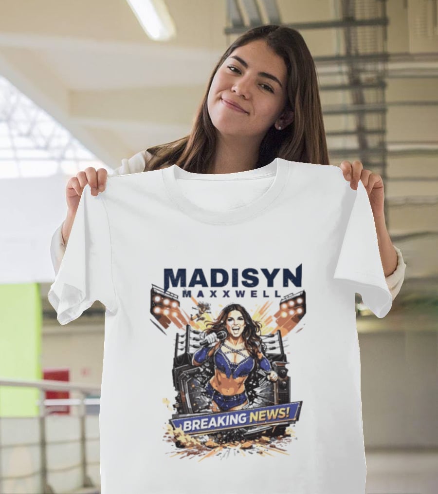Madisyn Maxxwell Breaking News Dynamic Character Artwork Explosion T-Shirt