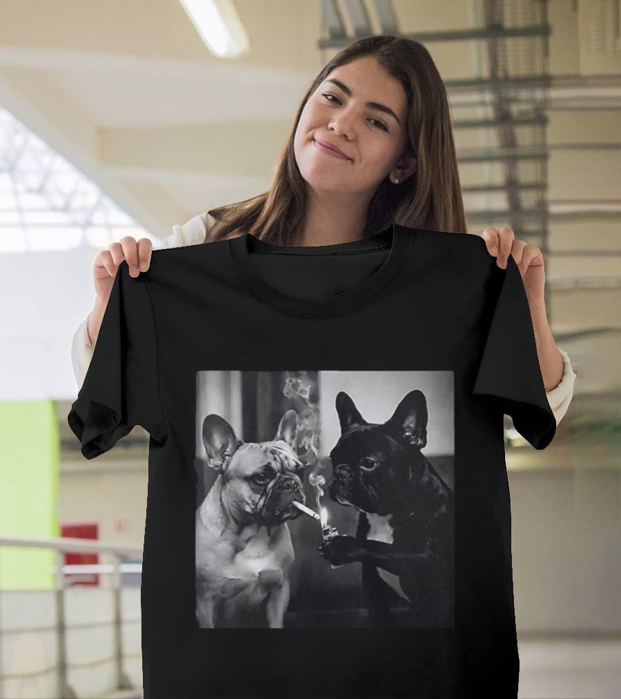 Frenchie Buddies French Bulldog Smoking Cigarette Meme Black And White Humor Duo T-Shirt