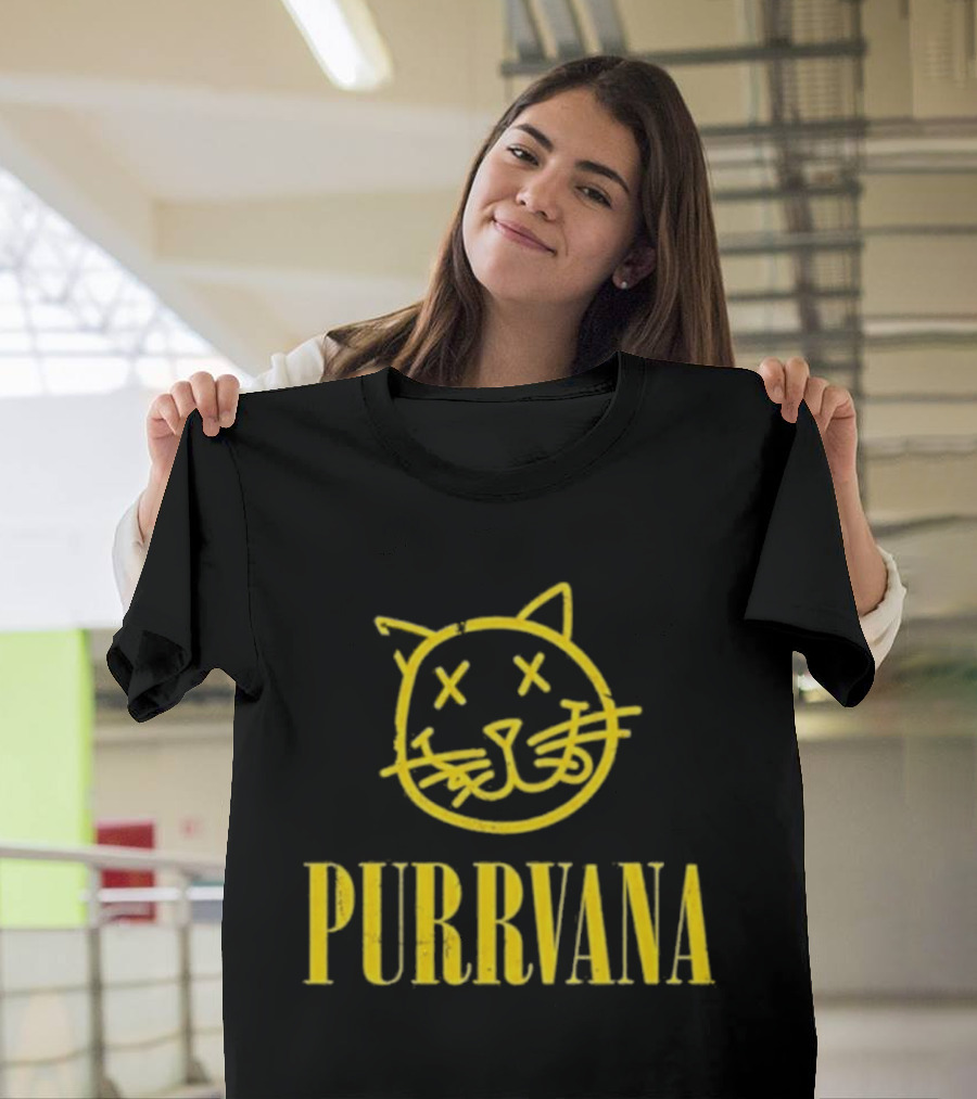 Purrvana Cat Face Yellow Grunge Style Kitty T-Shirt