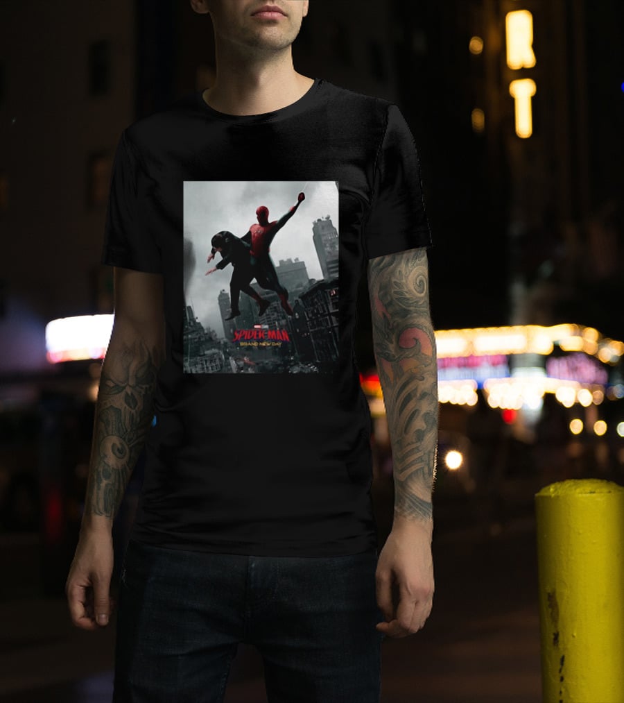 Spider Man Brand New Day Marvel Comic Scene Flying Over City Skyline T-Shirt