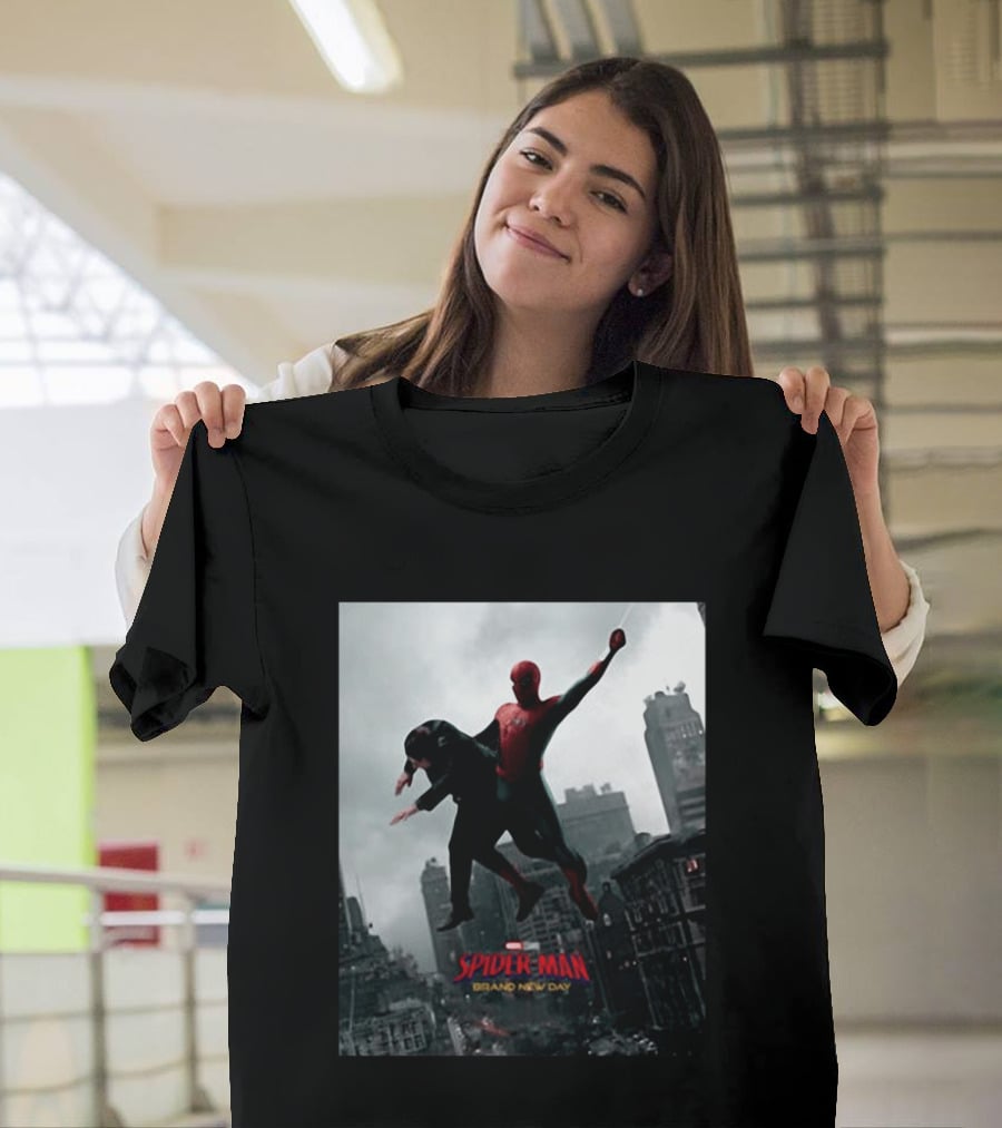 Spider Man Brand New Day Marvel Comic Scene Flying Over City Skyline T-Shirt