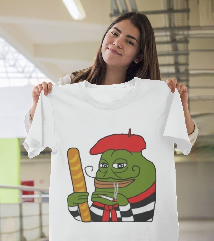 S French Pepe With Baguette And Cigarette Beret Comedy Meme T-Shirt