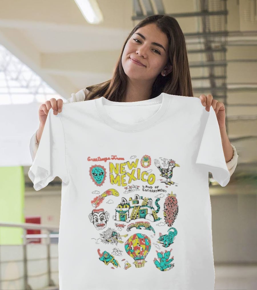 Greetings New Mexico Land Of Enchantment Colorful Southwest Symbols Hot Air Balloon Cactus And Traditional T-Shirt