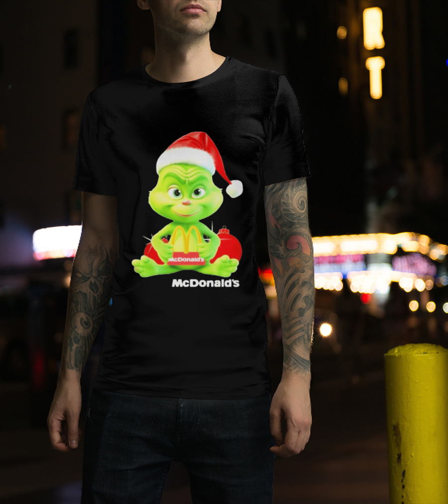 Santa Baby Grinch McDonald's Holding Happy Meal With Santa Hat And Gift Bags T-Shirt