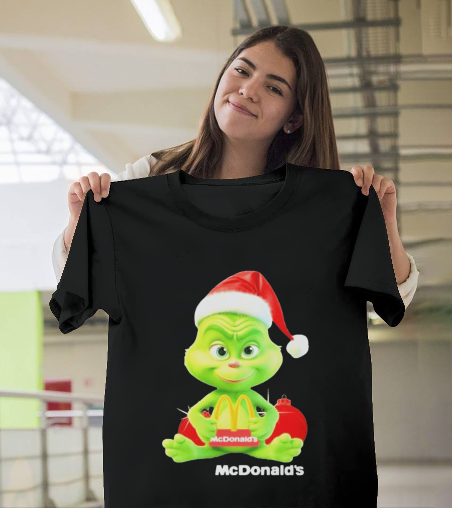 Santa Baby Grinch McDonald's Holding Happy Meal With Santa Hat And Gift Bags T-Shirt