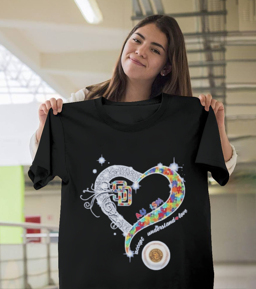 San Diego Baseball Heart Autism Accept Understand Love Puzzle T-Shirt