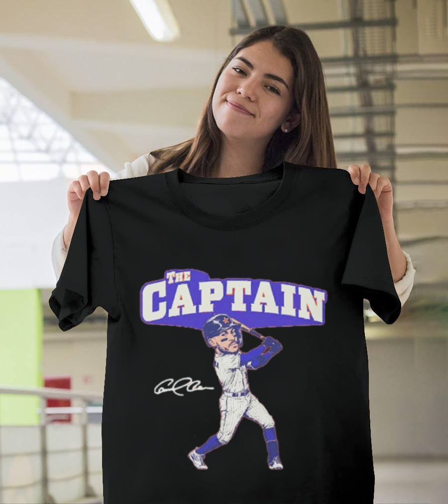 The Captain Carlos Correa Caricature Baseball Player Swinging Bat With Signature T-Shirt