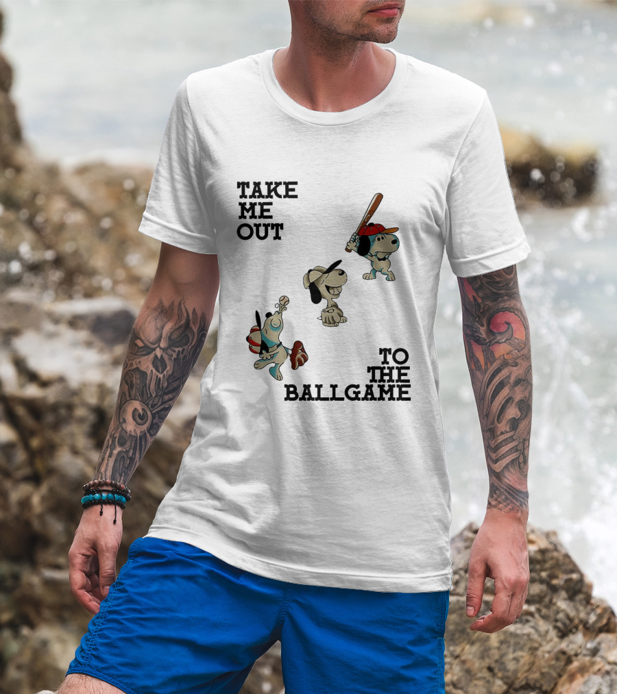 Snoopy Take Me Out To The Ballgame Baseball Red Cap Batting And Catching T-Shirt