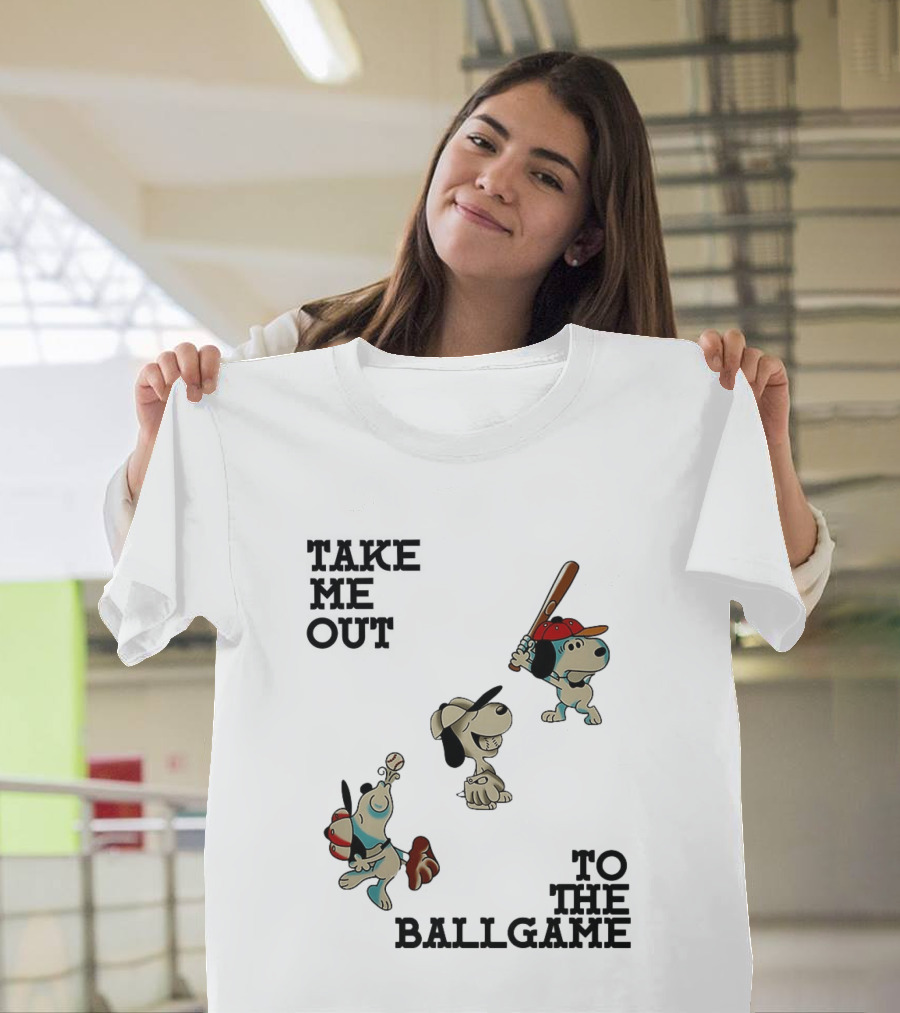 Snoopy Take Me Out To The Ballgame Baseball Red Cap Batting And Catching T-Shirt
