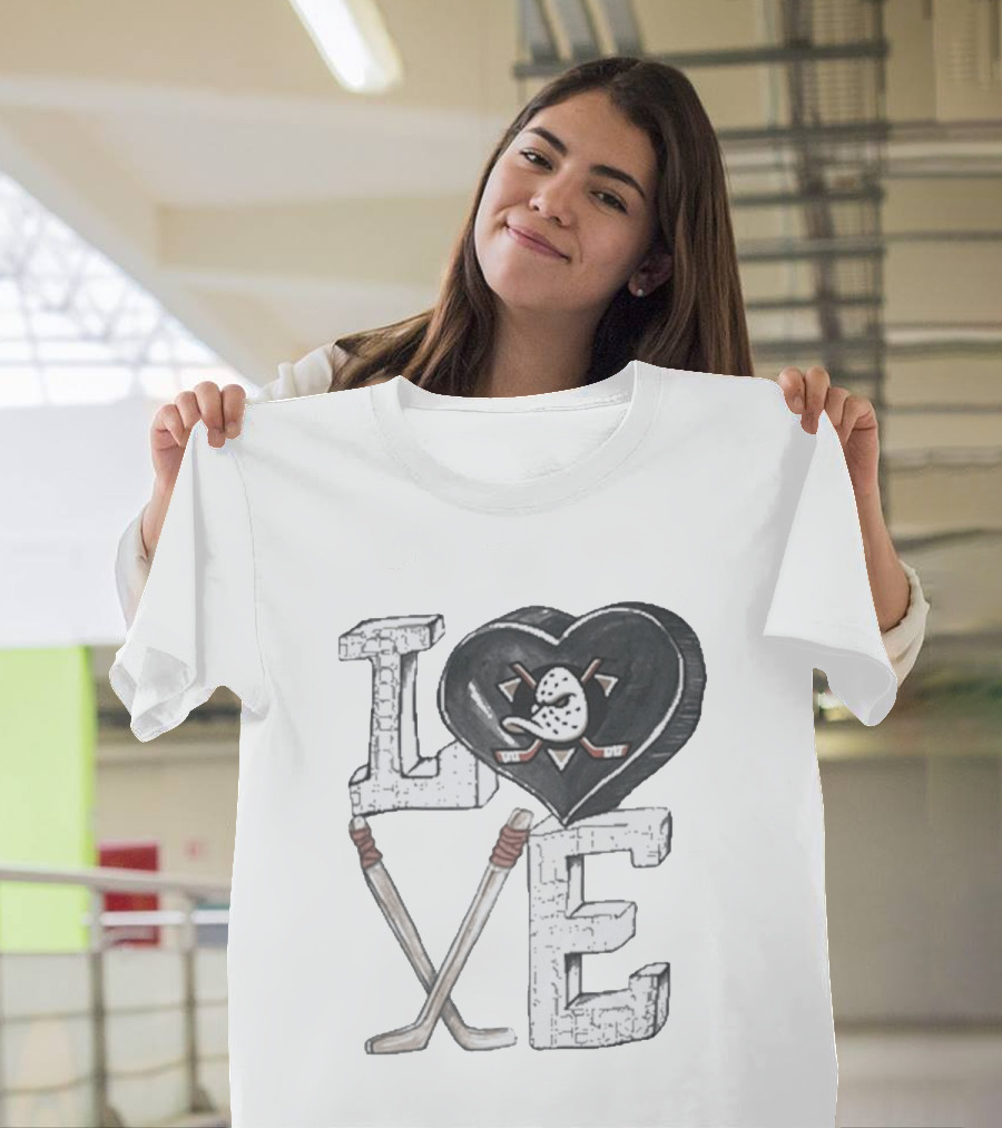Anaheim Ducks Puck Heart Love Hockey Sticks T-Shirt