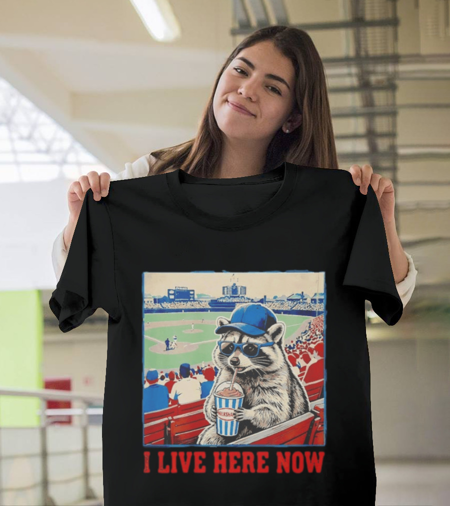 Raccoon Milkshake Baseball Field I Live Here Now T-Shirt