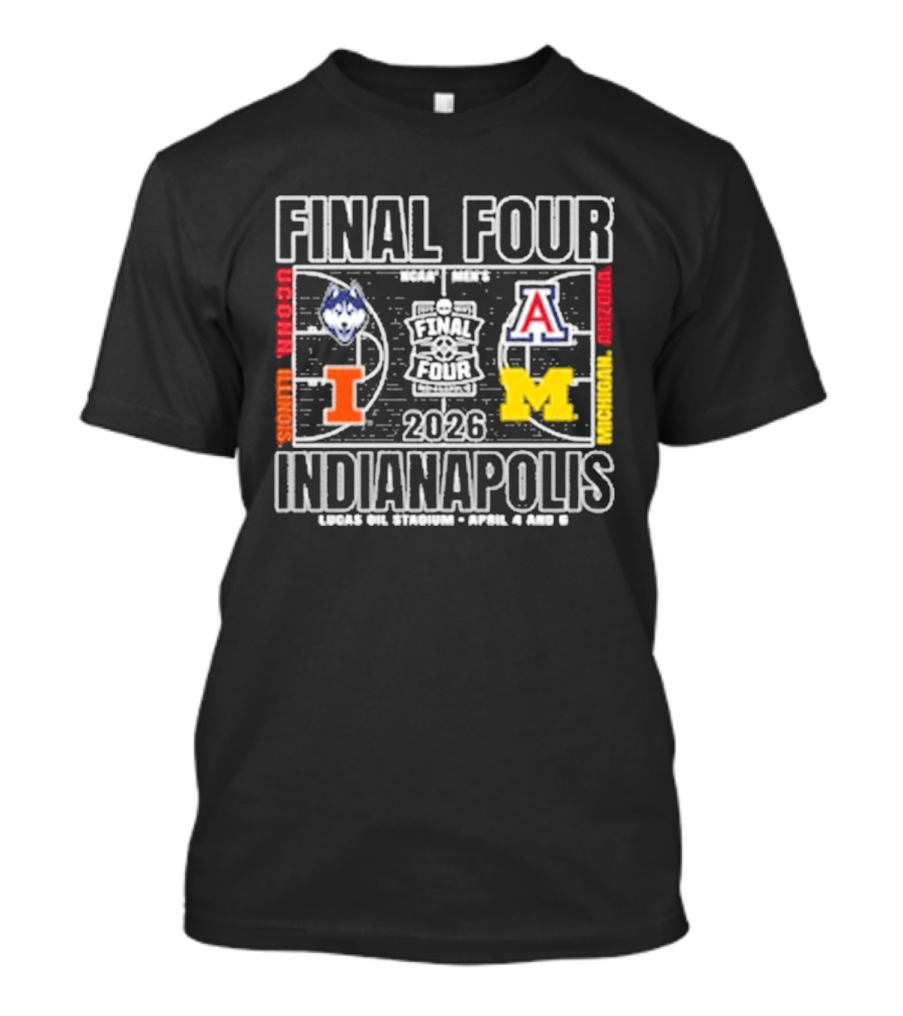 Final Four 2026 Indianapolis Michigan UConn Arizona Illinois Basketball Court T-Shirt