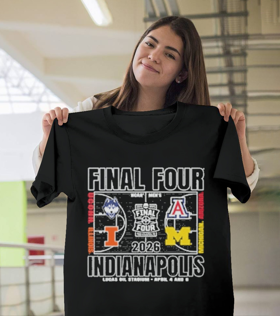 Final Four 2026 Indianapolis Michigan UConn Arizona Illinois Basketball Court T-Shirt