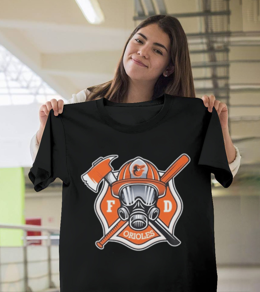 2026 Orioles FD Firefighter Appreciation Mask Helmet Axe Crossed Bat T-Shirt