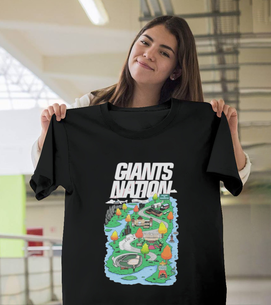 Bobby Skinner Giants Nation Cartoon Landscape Get Well Soon Welcome To Giants Nation Balloon Trees River T-Shirt