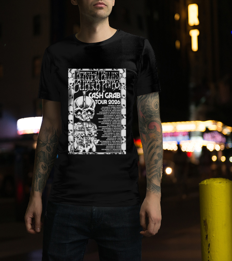 Rickshaw Billies Burger Patrol Cash Grab Tour 2026 Concert Dates Sketched Skull T-Shirt