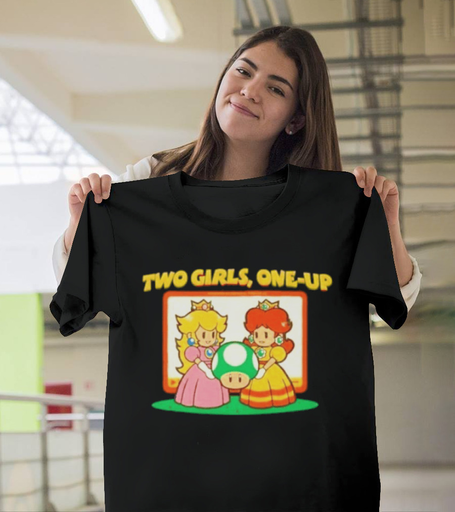 Two Girls One Up Mario Princess Peach Daisy 1 Up Mushroom T-Shirt