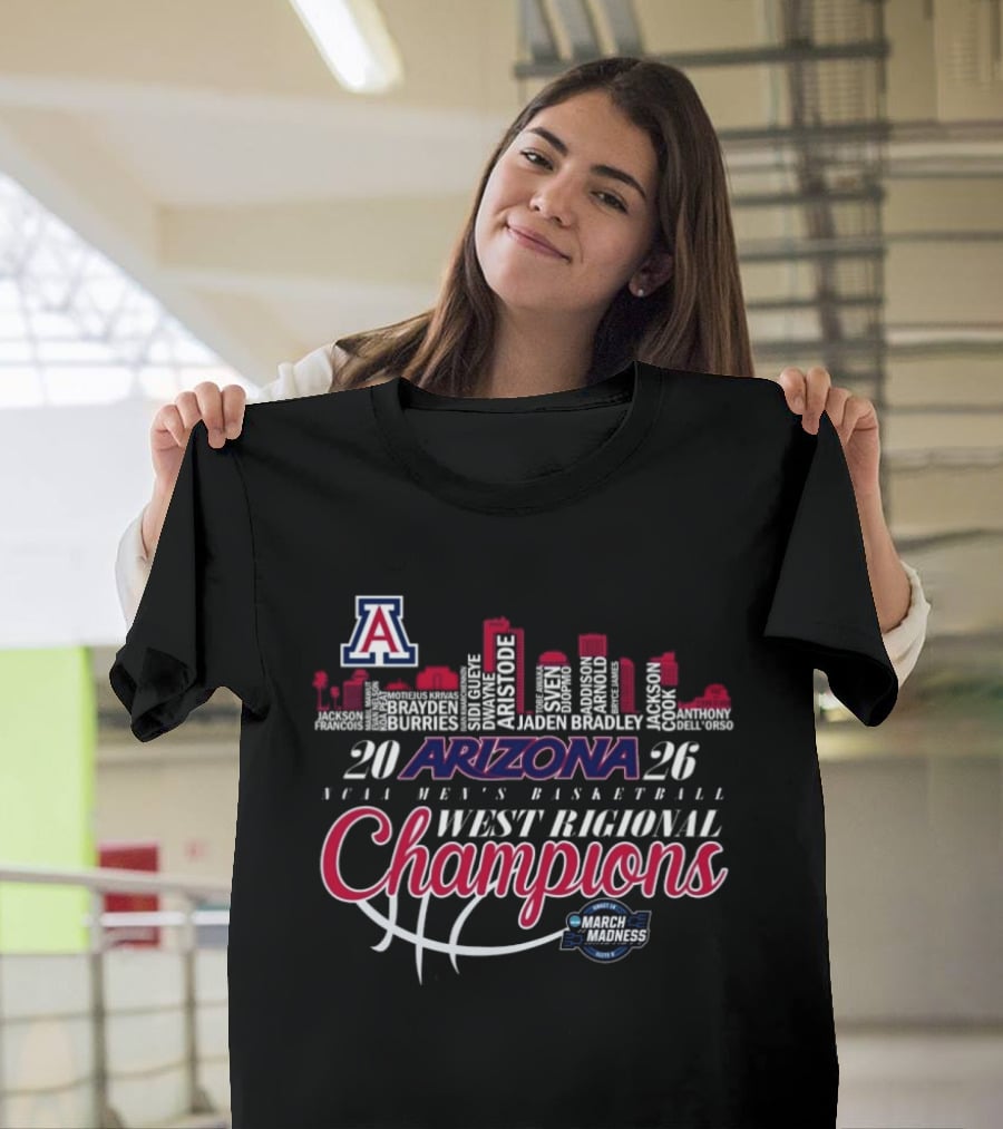 Arizona Wildcats 2026 NCAA Men's Basketball West Regional Champions March Madness Skyline T-Shirt