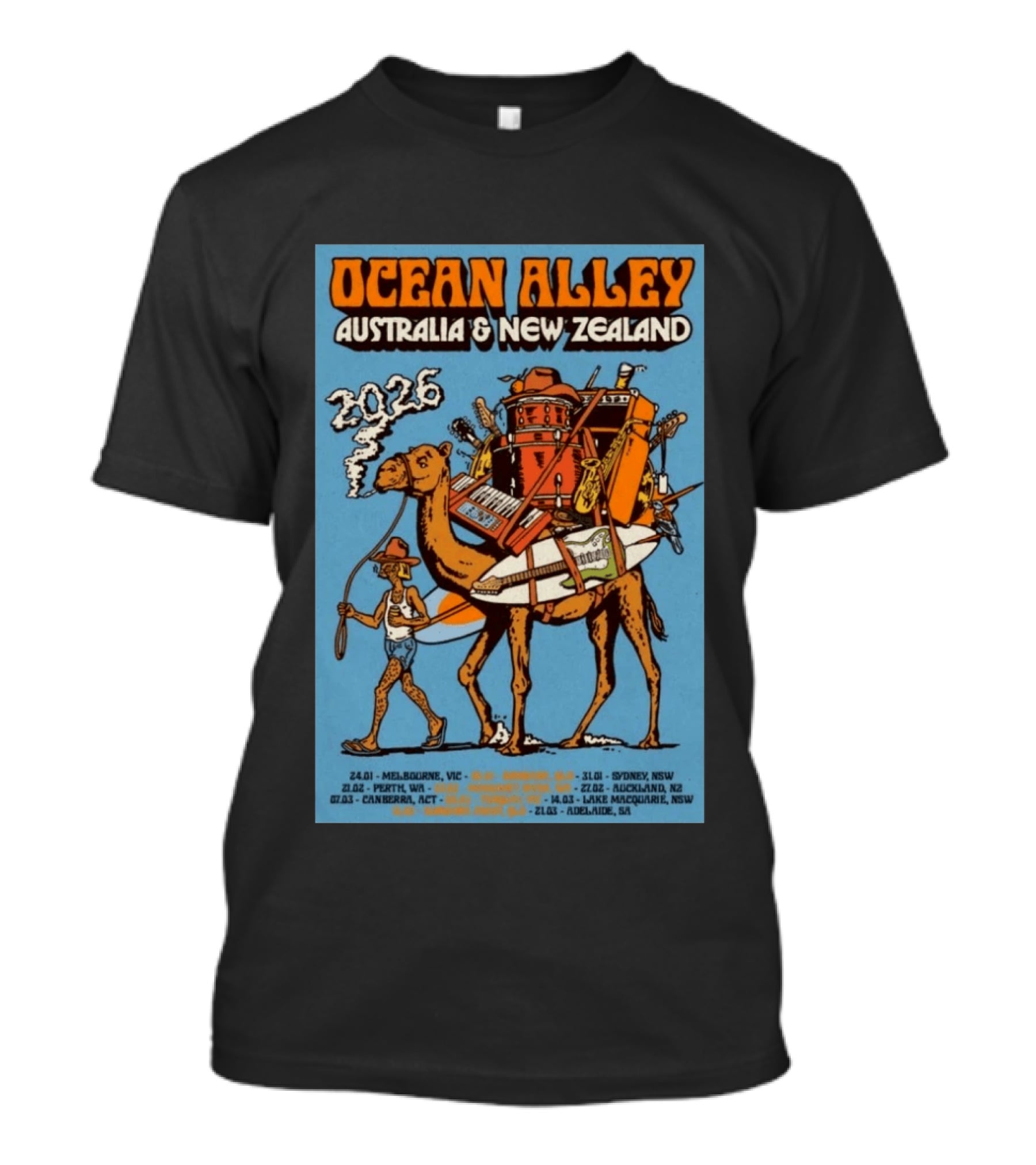 Ocean Alley Australia New Zealand 2026 Tour Dates With Camel And Musical Gear T-Shirt