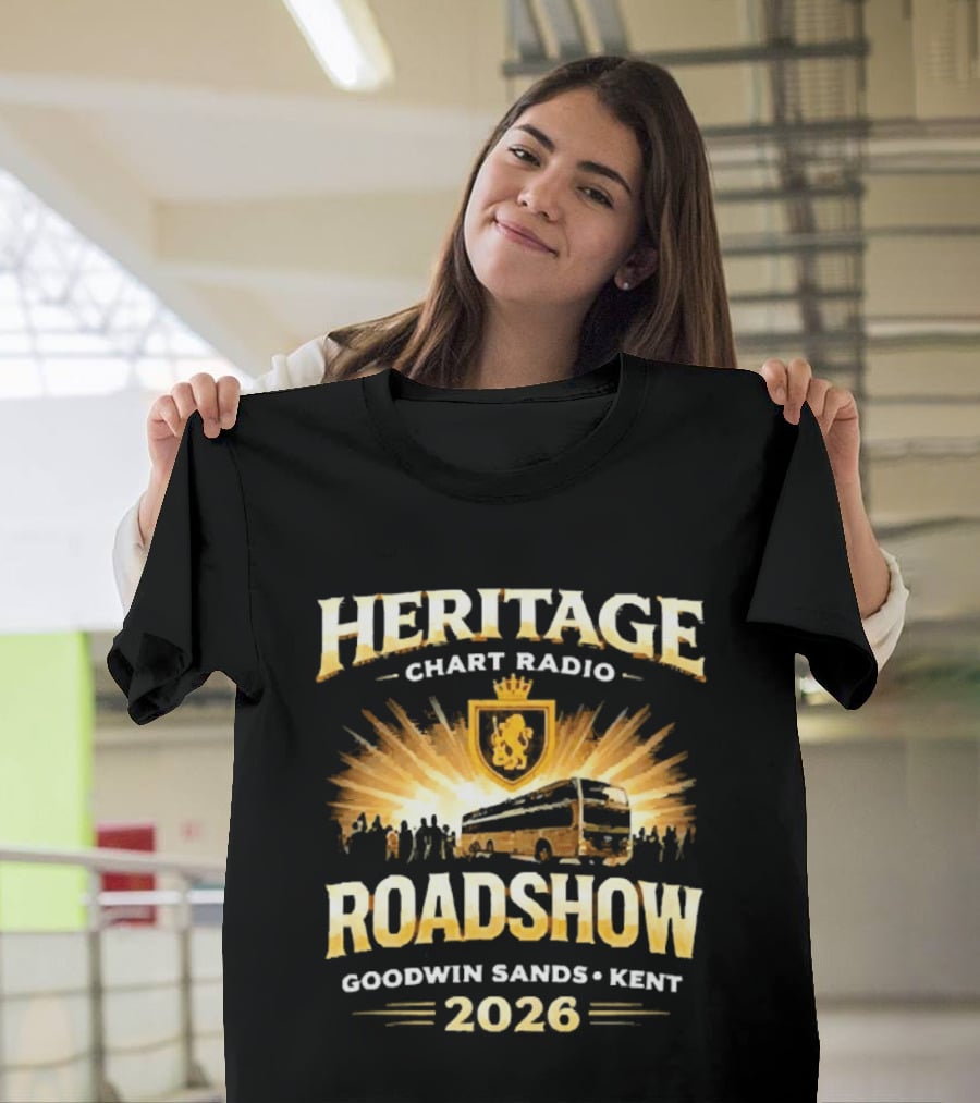 Heritage Chart Radio Roadshow Goodwin Sands Kent 2026 Lion Crest Bus Tour T-Shirt