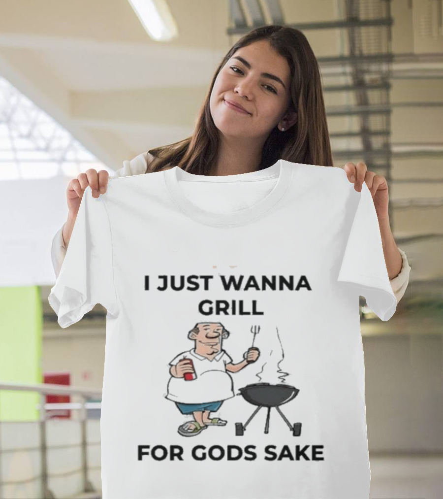 I Just Wanna Grill For God's Sake BBQ Cartoon Character Holding Fork T-Shirt