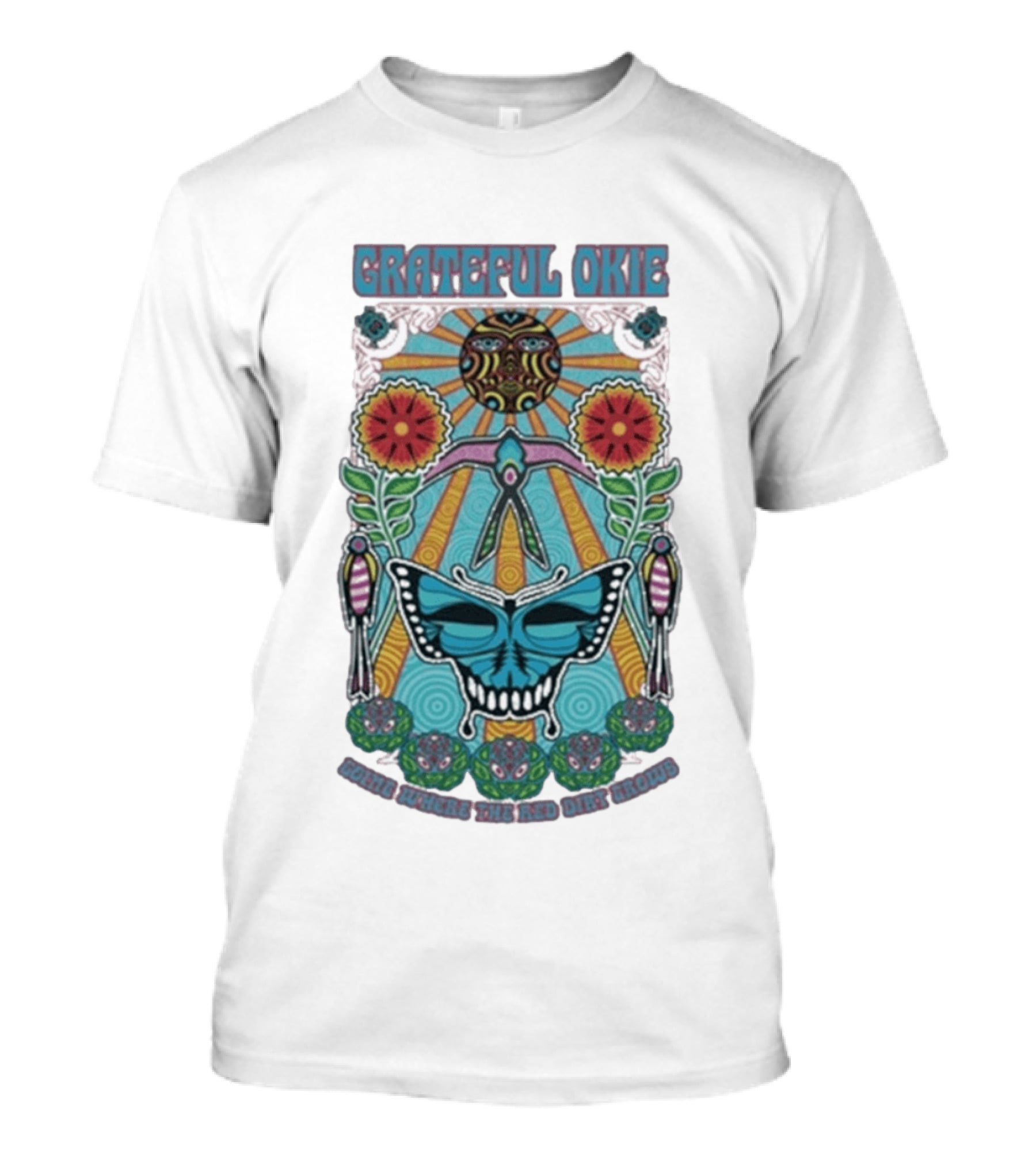 Grateful Okie Going Where The Red Dirt Grows Butterfly And Floral Sunburst T-Shirt