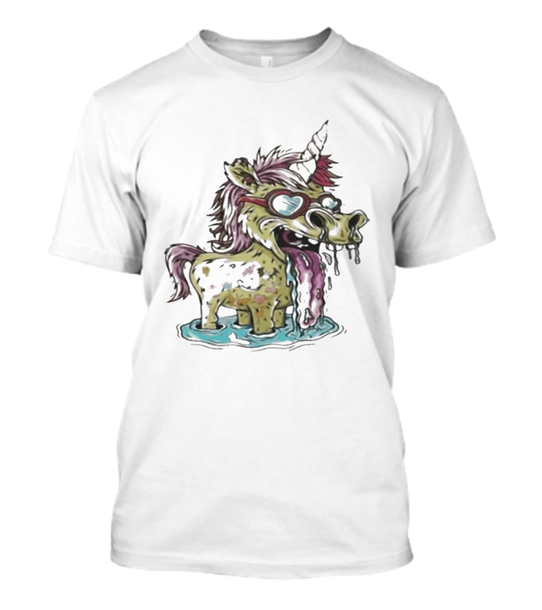 Hills Draws Unicorn With Sunglasses And Tongue Out In White T-Shirt