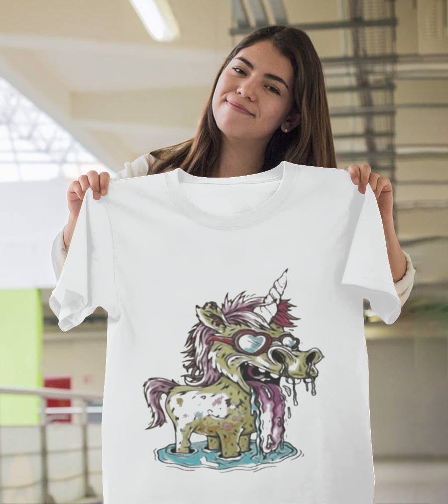 Hills Draws Unicorn With Sunglasses And Tongue Out In White T-Shirt