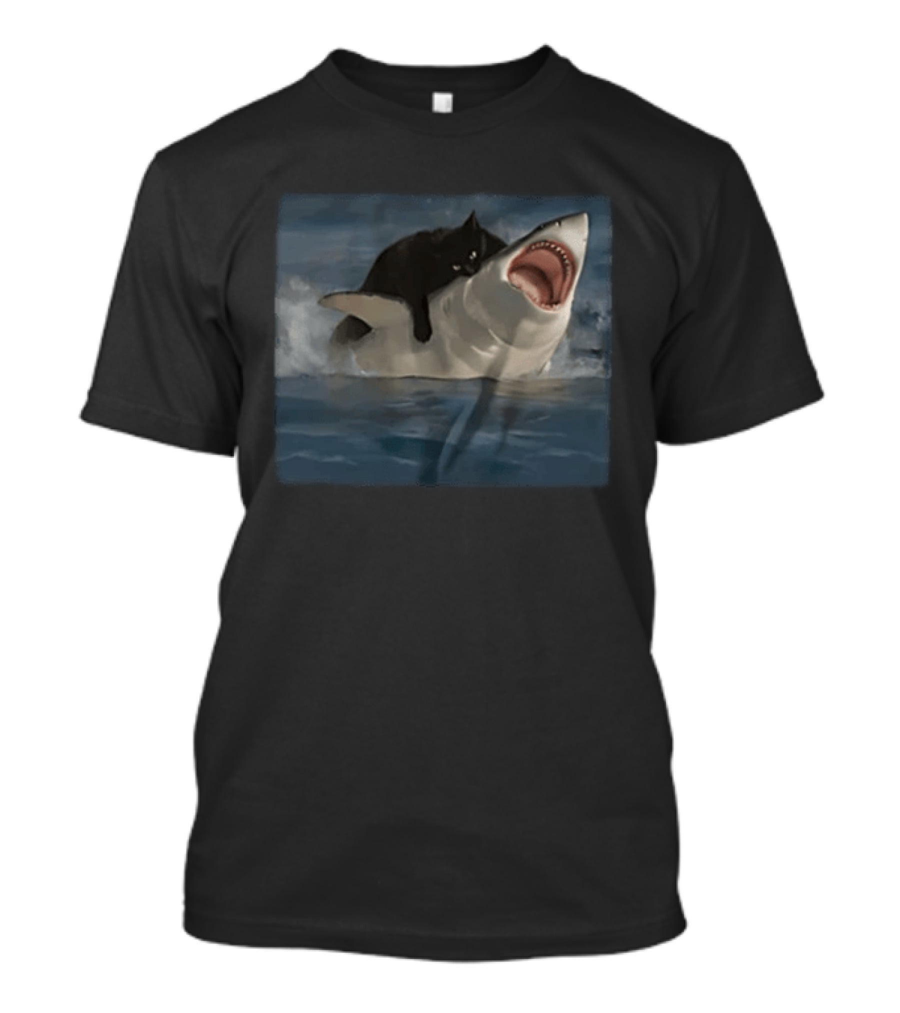 Black Cat Riding On Great White Shark Ocean Adventure T-Shirt