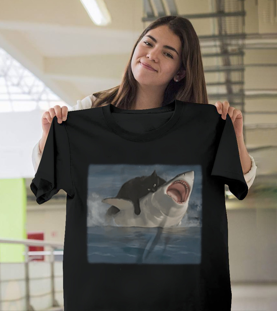 Black Cat Riding On Great White Shark Ocean Adventure T-Shirt