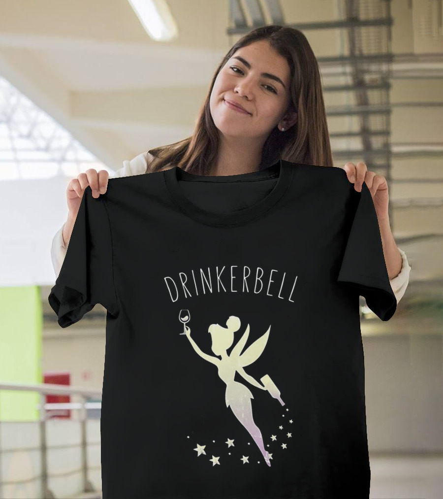 Drinkerbell Fairy Silhouette with Wine Glass and Bottle Stars T-Shirt