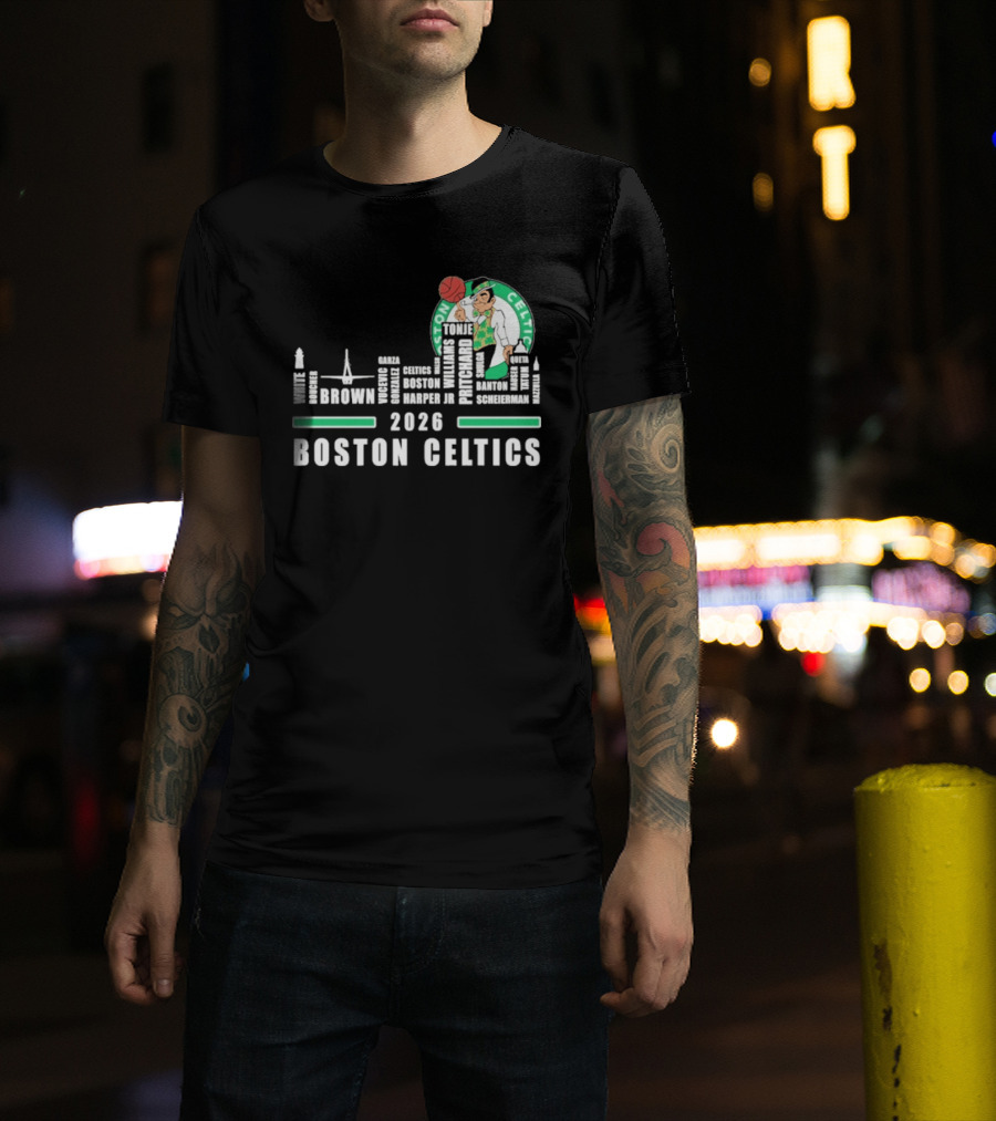 2026 Boston Celtics Brown Tatum Brogdon Porzingis White Smart Hoops Skyline T-Shirt