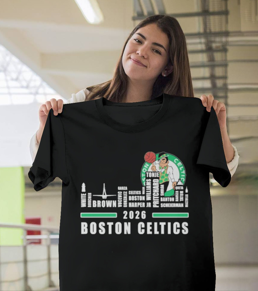 2026 Boston Celtics Brown Tatum Brogdon Porzingis White Smart Hoops Skyline T-Shirt