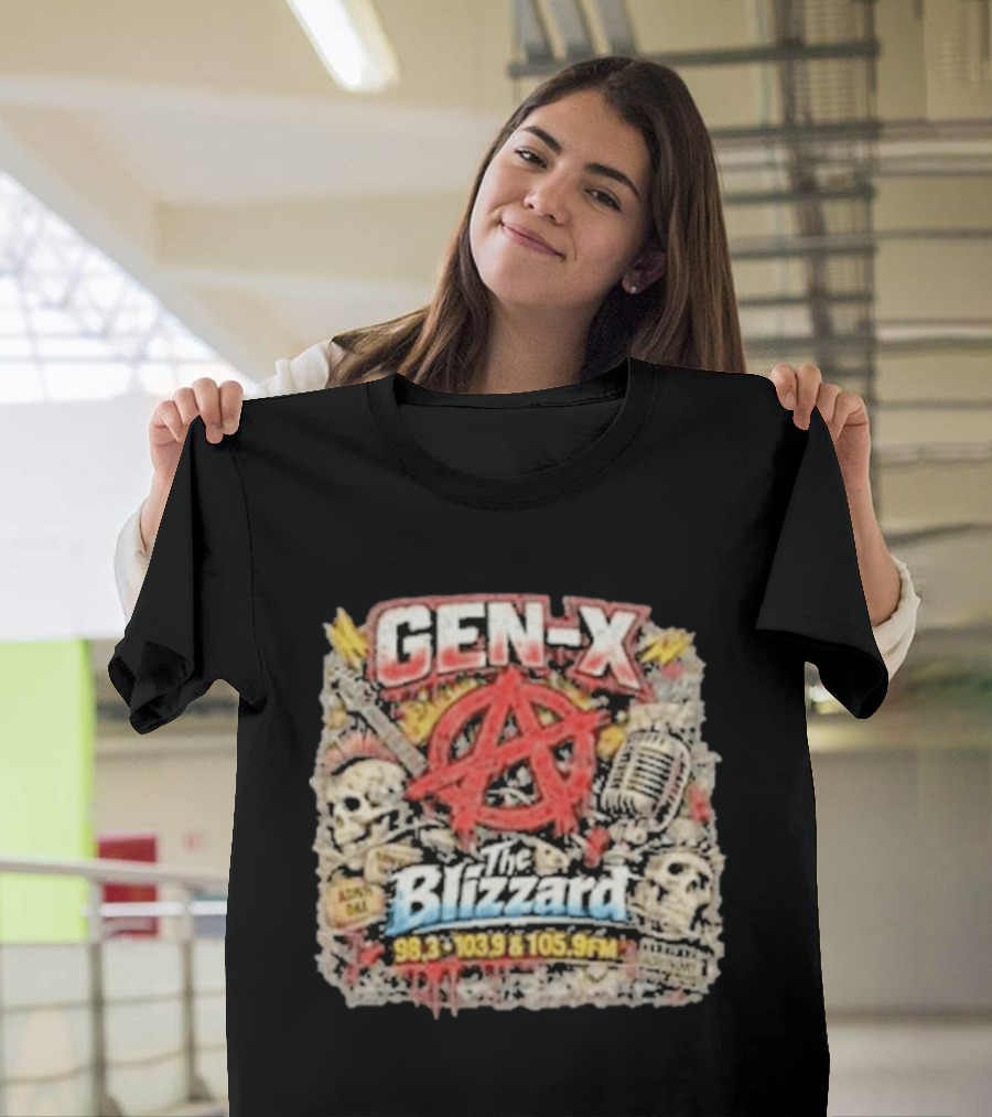 Gen X The Blizzard 98.3 103.9 105.9 FM Anarchy Skulls Microphone T-Shirt