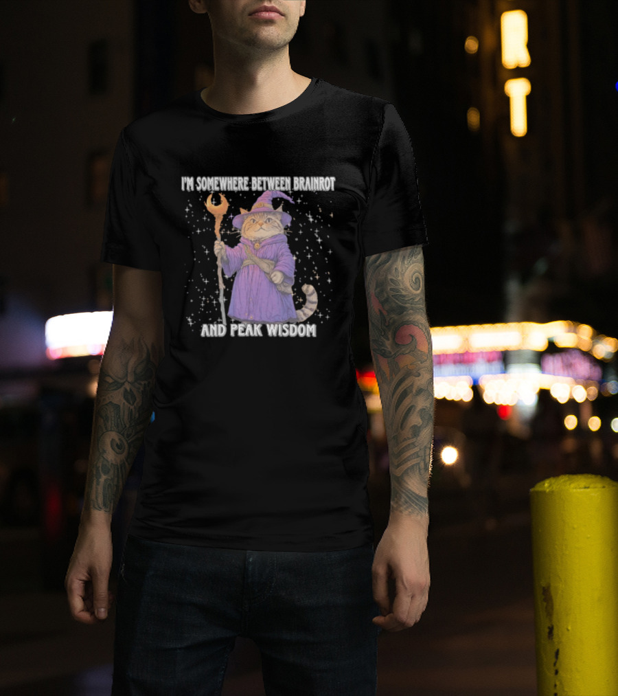 I'm Somewhere Between Brainrot And Peak Wisdom Cat Wizard T-Shirt