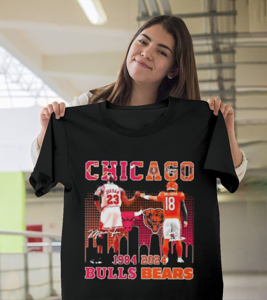 Chicago Bulls Michael Jordan 23 and Chicago Bears Caleb Williams 18 1984 2024 Signatures T-Shirt
