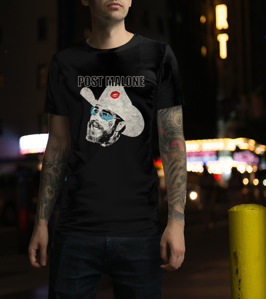 Post Malone Cowboy Hat Kiss Red Lips Blue Sunglasses T-Shirt