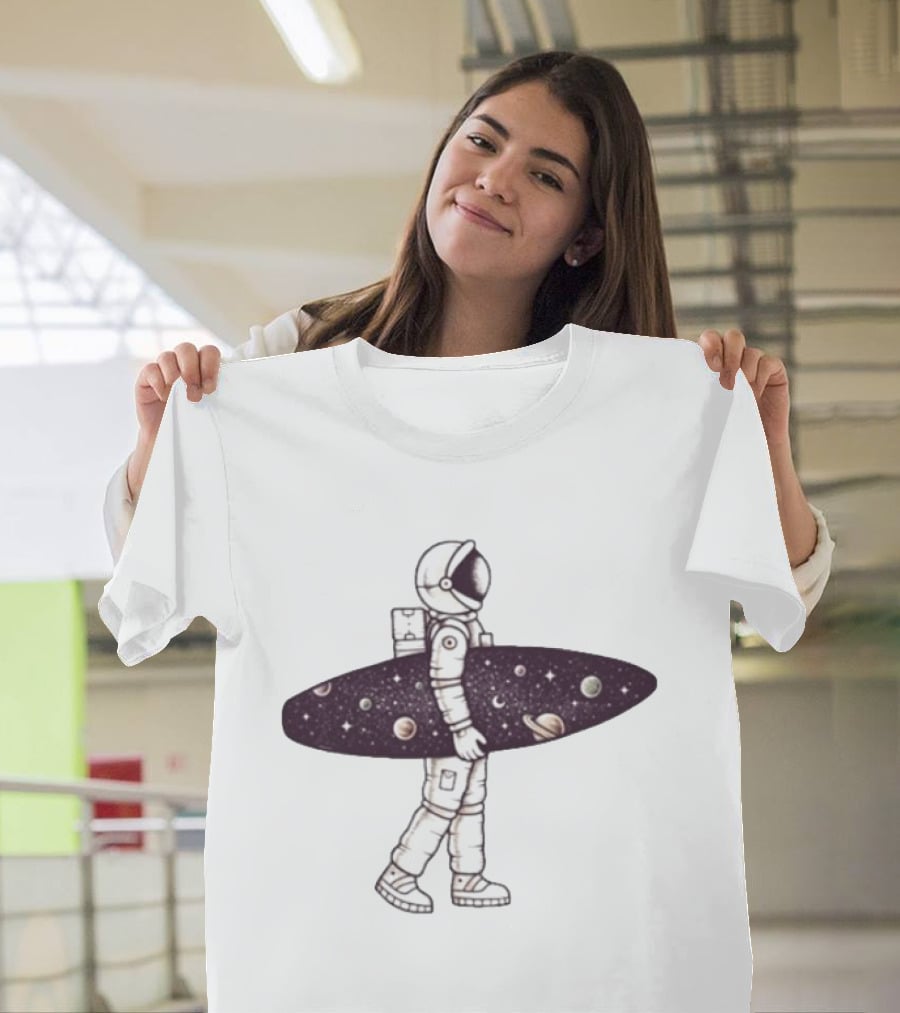 Astronaut Surfer Exploring Cosmic Adventure With Planets And Stars T-Shirt