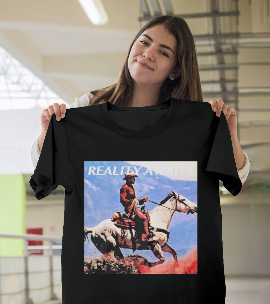 Reality Awaits Cowboy Riding Horse in Mountains T-Shirt